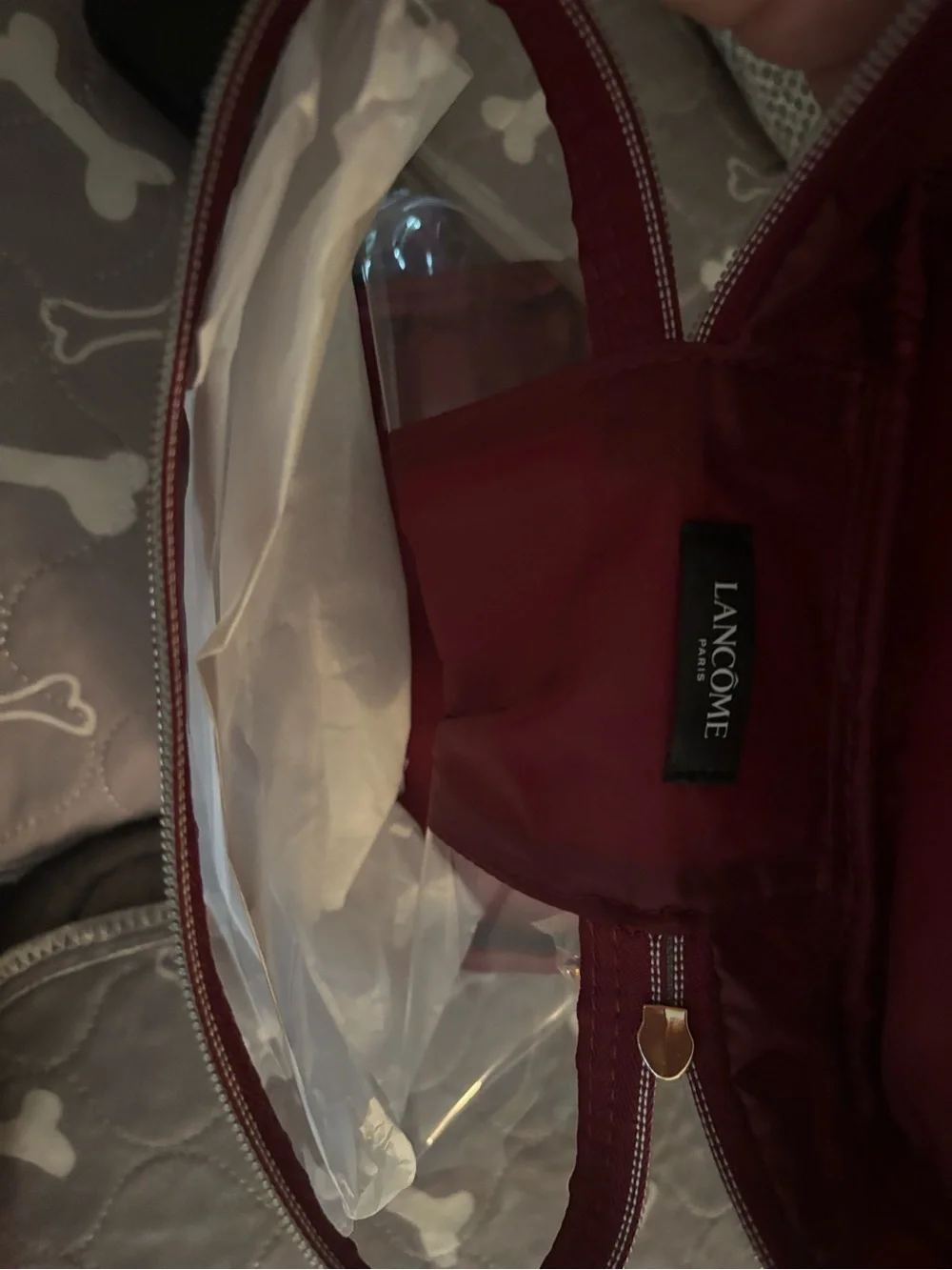 Lancôme Burgundy and Clear Makeup Case with Gold Zip